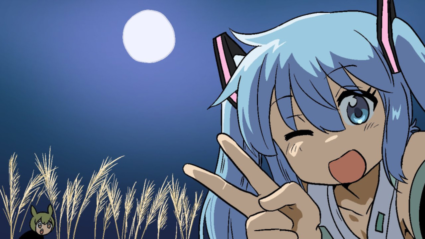 2girls, blue_eyes, blue_hair, blue_sky, full_moon, green_hair, grey_shirt, hatsune_miku, kamemaru91, long_hair, looking_at_viewer, moon, multiple_girls, night, one_eye_closed, open_mouth, outdoors, shirt, sky, sleeveless, sleeveless_shirt, smile, solo_focus, twintails, upper_body, v, vocaloid, voiceroid, voicevox, wheat, zundamon