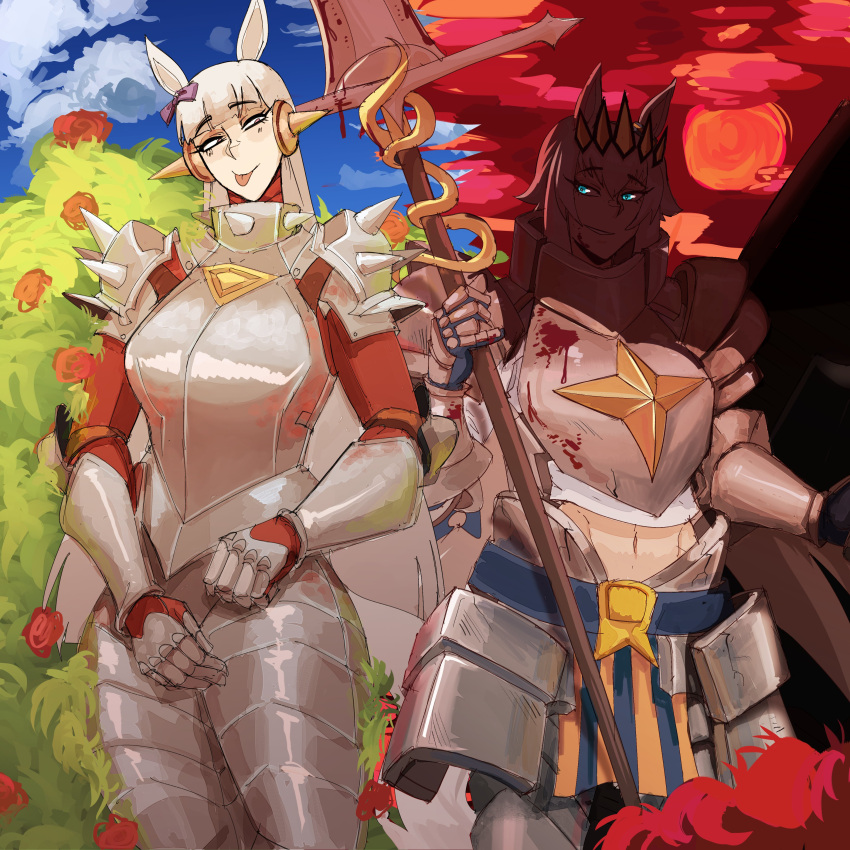 2girls, absurdres, ahoge, alternate_costume, animal_ears, armor, ballistic_shield, blood, blood_on_armor, blue_eyes, bow, breastplate, cape, cupperexe, full_armor, full_moon, gauntlets, gloves, gold_ship_(umamusume), gradient_sky, grey_hair, grey_tail, hair_between_eyes, hair_ornament, highres, holding, holding_polearm, holding_shield, holding_weapon, horse_ears, horse_girl, horse_tail, knight, lance, long_hair, looking_at_viewer, medieval, moon, multicolored_hair, multiple_girls, oguri_cap_(umamusume), pauldrons, polearm, purple_bow, red_moon, red_sky, shield, shoulder_armor, sky, solo, tail, tongue, tongue_out, umamusume, weapon
