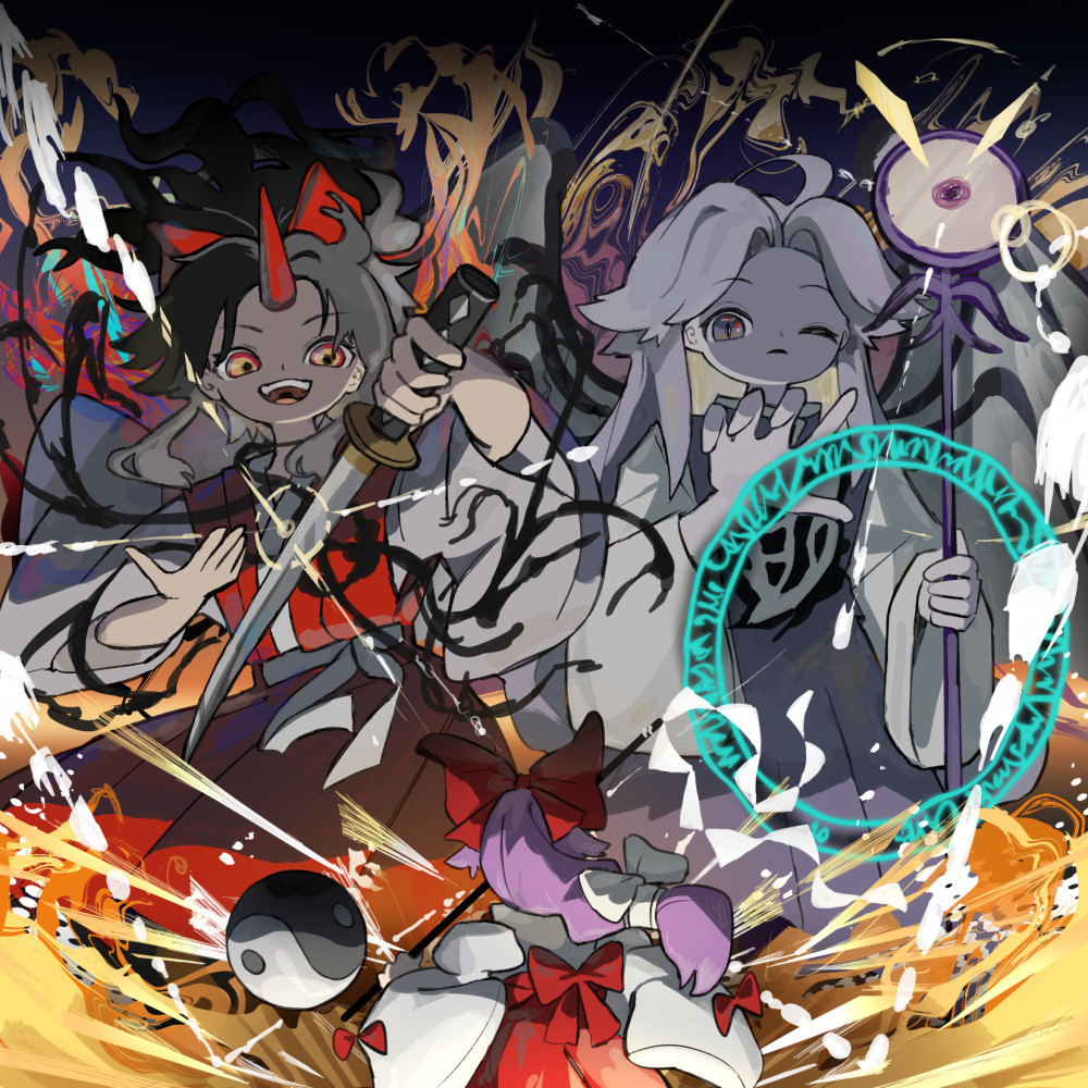 3girls, battle, black_hair, bow, gohei, grey_hair, hair_bow, hakurei_reimu