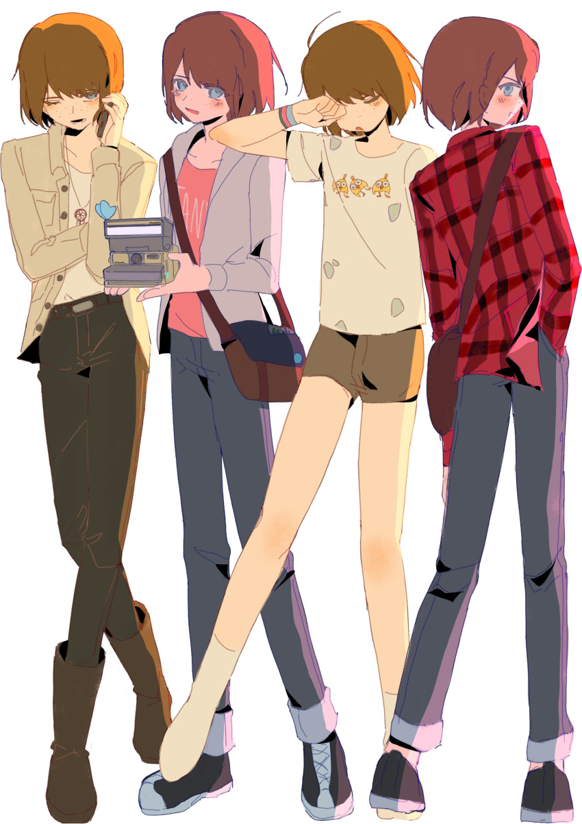 1girl, 7026juzipi, absurdres, bag, black_pants, black_shoes, blue_eyes, boots