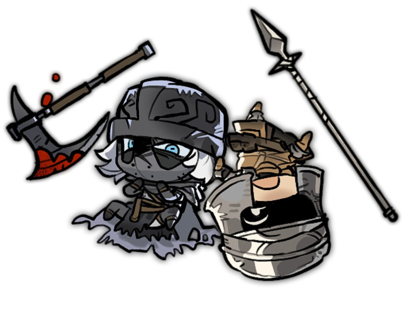 2boys, axe, black_tunic, blood, blue_eyes, brown_shirt, chibi, chibi_only