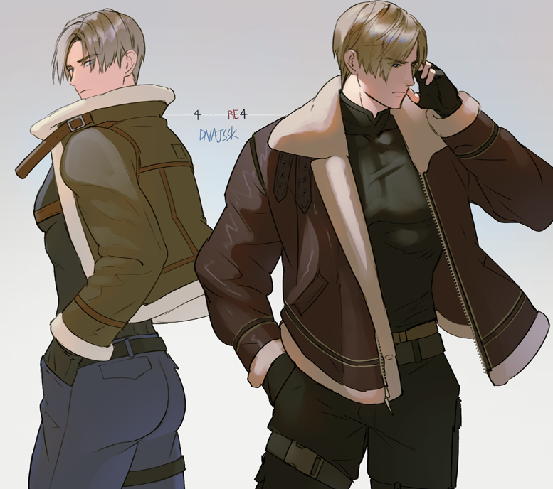 2boys, arm_up, belt, black_belt, black_gloves, black_pants, black_shirt, blonde_hair