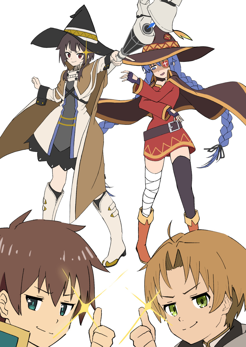 absurdres, ahoge, braid, brown_hair, cosplay, crossover, green_eyes, hat