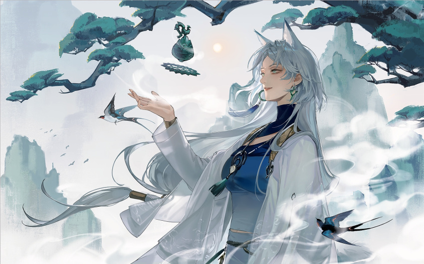 1girl, animal_ears, bird, blue_bird, blue_dress, bracelet, branch, chinese_commentary