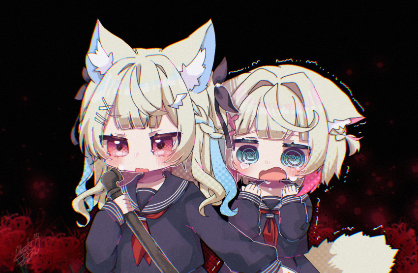 2girls, @_@, alternate_costume, animal_ear_fluff, animal_ears, black_background, black_bow, black_sailor_collar