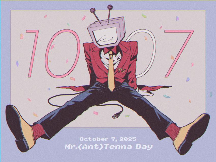 1boy, ant_tenna, black_pants, character_name, collared_shirt, confetti, crt, dated, deltarune, electric_plug, electric_plug_tail, fang, full_body, gloves, highres, long_nose, male_focus, necktie, object_head, pants, pointy_nose, radio_antenna, red_socks, shirt, shoes, socks, solo, spread_legs, tachibana_(church111), tail, tailcoat, utdr_(toby_fox), white_gloves, white_shirt, yellow_necktie, yellow_shoes