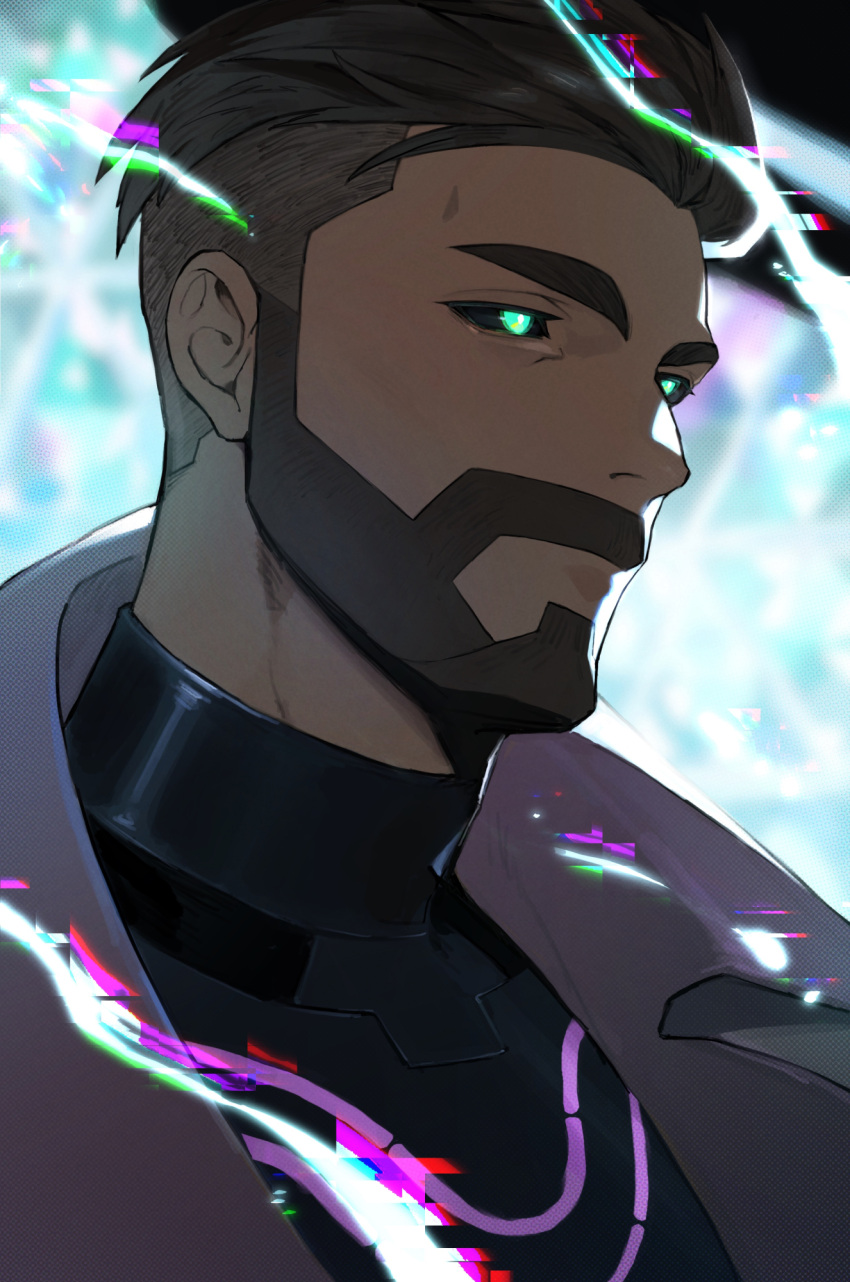 1boy, android, beard, black_sclera, bodysuit, brown_hair, chinstrap_beard, colored_sclera