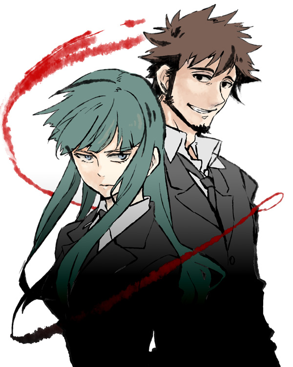 black_eyes, brown_hair, bust, darker_than_black, facial_hair, formal, green_hair, grin