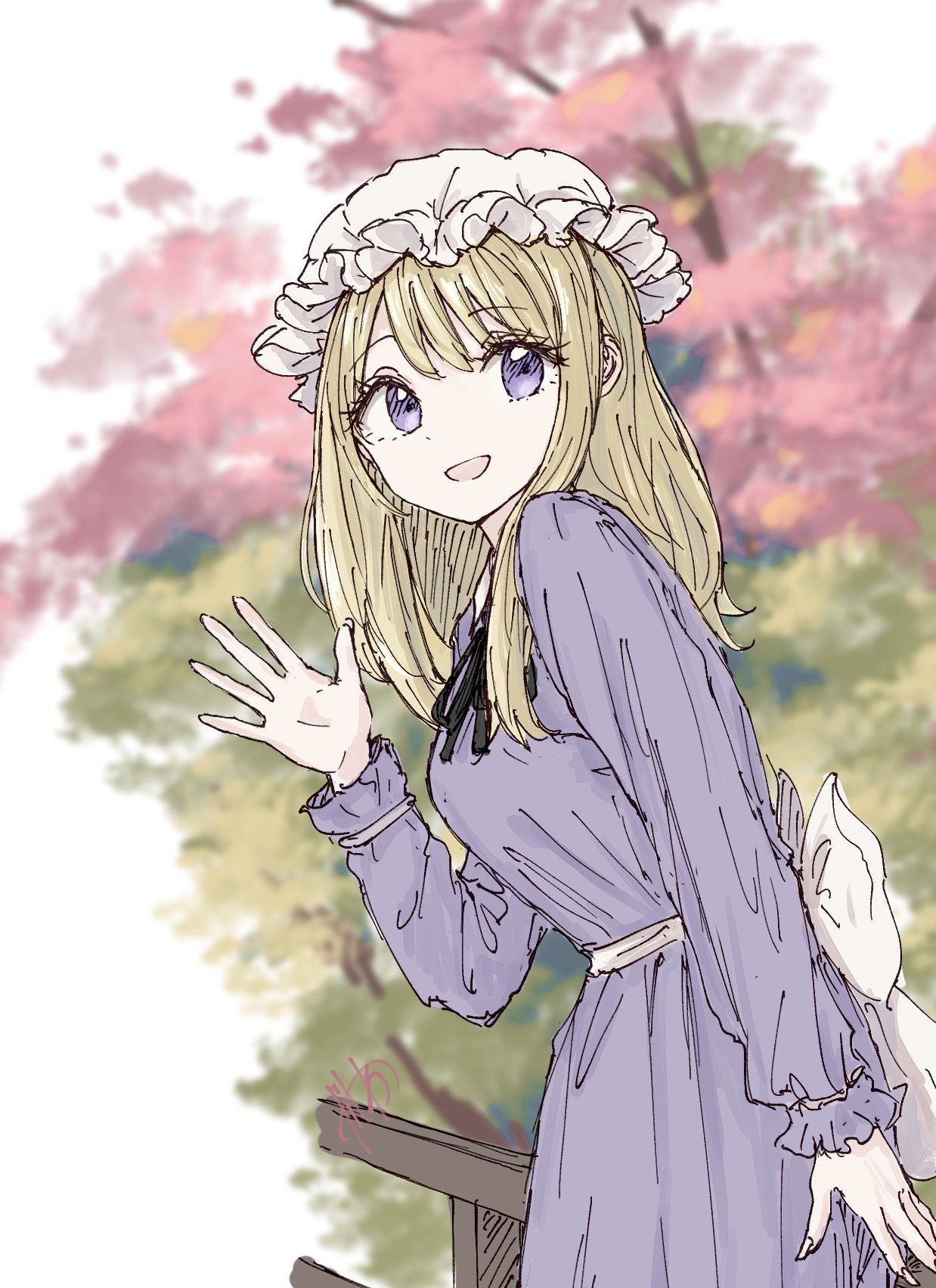 1girl, back_bow, blonde_hair, blurry, blurry_background, bow, check_background, cherry_tree