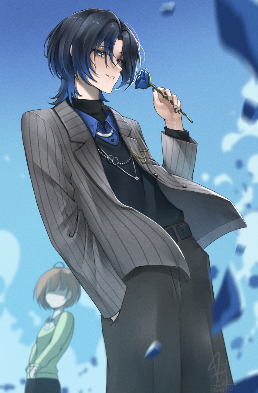 2girls, absurdres, black_nails, black_shirt, blue_eyes, blue_flower, blue_hair, blue_rose, blue_sky, clouds, flower, grey_jacket, hand_in_pocket, harusaki_nodoka, harusaki_nodoka_(1st_costume), highres, hiodoshi_ao, hiodoshi_ao_(1st_costume), holding, holding_flower, hololive, hololive_dev_is, idfasler, jacket, looking_at_viewer, mole, mole_under_mouth, multiple_girls, nail_polish, rose, shirt, short_hair, sky, smile, solo, striped_clothes, striped_jacket, vertical-striped_clothes, vertical-striped_jacket, virtual_youtuber