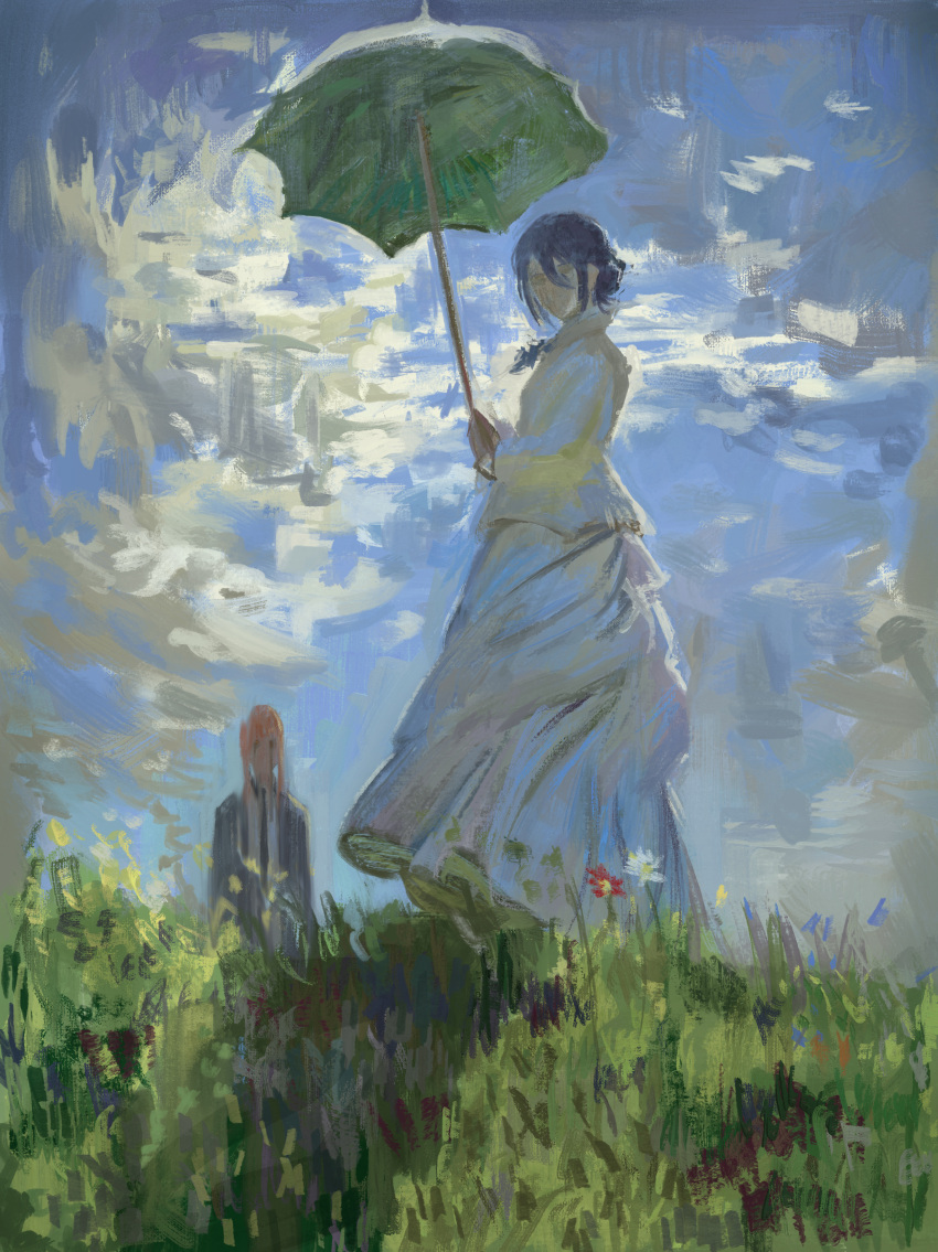2girls, absurdres, black_hair, black_jacket, black_necktie, chainsaw_man, clouds, cloudy_sky