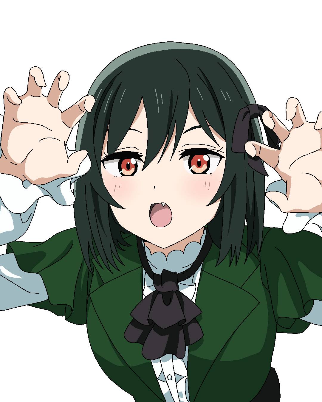 1girl, ascot, black_ascot, black_ribbon, bob_cut, center_frills, claw_pose, commentary, fang, frills, green_jacket, hair_ribbon, highres, jacket, koufukuron_(love_live!), looking_at_viewer, loose_ascot, love_live!, love_live!_nijigasaki_high_school_idol_club, medium_hair, mifune_shioriko, official_alternate_costume, open_mouth, orange_eyes, potatsutapo, ribbon, shirt, solo, white_shirt