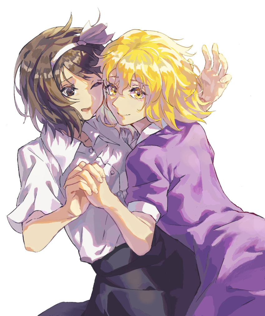 2girls, bababa, black_skirt, blonde_hair, brown_eyes, brown_hair, collared_dress, collared_shirt
