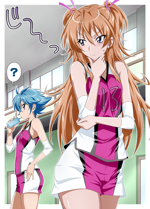?, bare_shoulders, blue_eyes, blue_hair, brown_hair, drinking, gym, houjou_hibiki