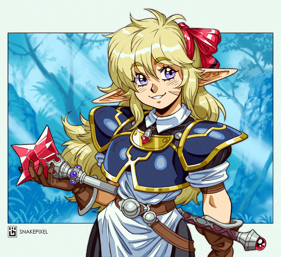 1990s_(style), 1girl, antenna_hair, armor, bare_tree, belt, blonde_hair, blue_armor, blue_background, border, bow, brown_belt, brown_gloves, brown_trim, collar, crystal_weapon, elf, faux_retro_artstyle, forest, gloves, green_border, grin, hair_between_eyes, hair_bow, holding, holding_behind_back, holding_mace, holding_weapon, jewelry, light_rays, long_hair, mace, nature, original, pendant, pointy_ears, red_bow, retro_artstyle, shirt, short_sleeves, shoulder_pads, simon_stafsnes_andersen, smile, solo, swept_bangs, tree, upper_body, violet_eyes, weapon, white_collar, white_shirt