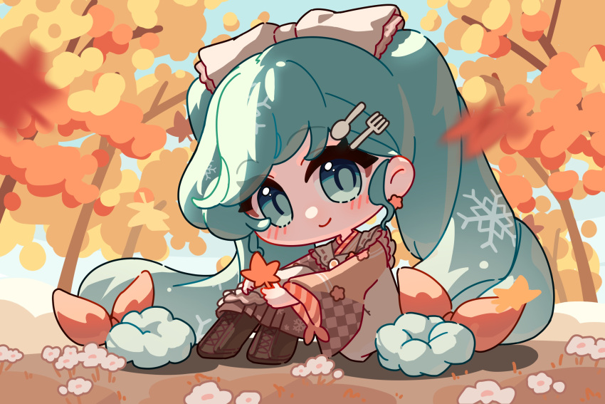 1girl, absurdly_long_hair, aqua_eyes, aqua_hair, autumn, autumn_leaves, blurry, blurry_foreground