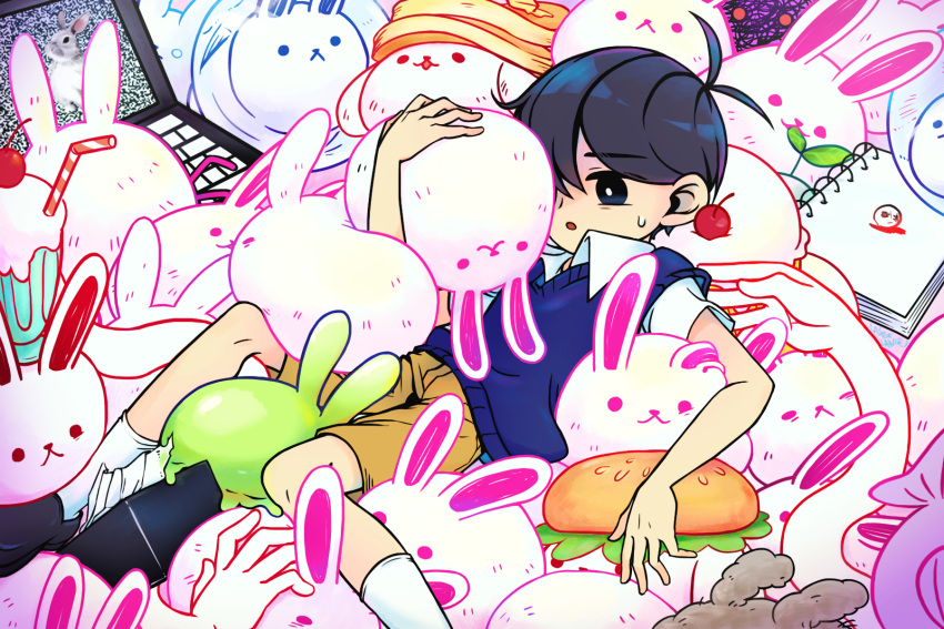 1boy, antenna_hair, black_eyes, black_hair, black_shoes, black_sweater_vest, bright_pupils, brown_shorts, brown_socks, bug_bunny_(omori), bun_bunny_(omori), character_request, check_character, cherry, collared_shirt, computer, cupcake_bunny_(omori), drinking_straw, dust_bunny_(omori), fish_bunny_(omori), food, forest_bunny?_(omori), forest_bunny_(omori), fruit, ghost_bunny_(omori), highres, laptop, laser-lance, loafers, milkshake, milkshake_bunny_(omori), omori, pancake, pancake_bunny_(omori), rabbit, rabbit?_(omori), shirt, shoes, short_hair, short_sleeves, shorts, sketchbook, slime_bunny_(omori), snow_bunny_(omori), socks, solo, space_bunny_(omori), sprout_bunny_(omori), sunny_(omori), sweater_vest, tissue, tissue_box, white_pupils, white_shirt
