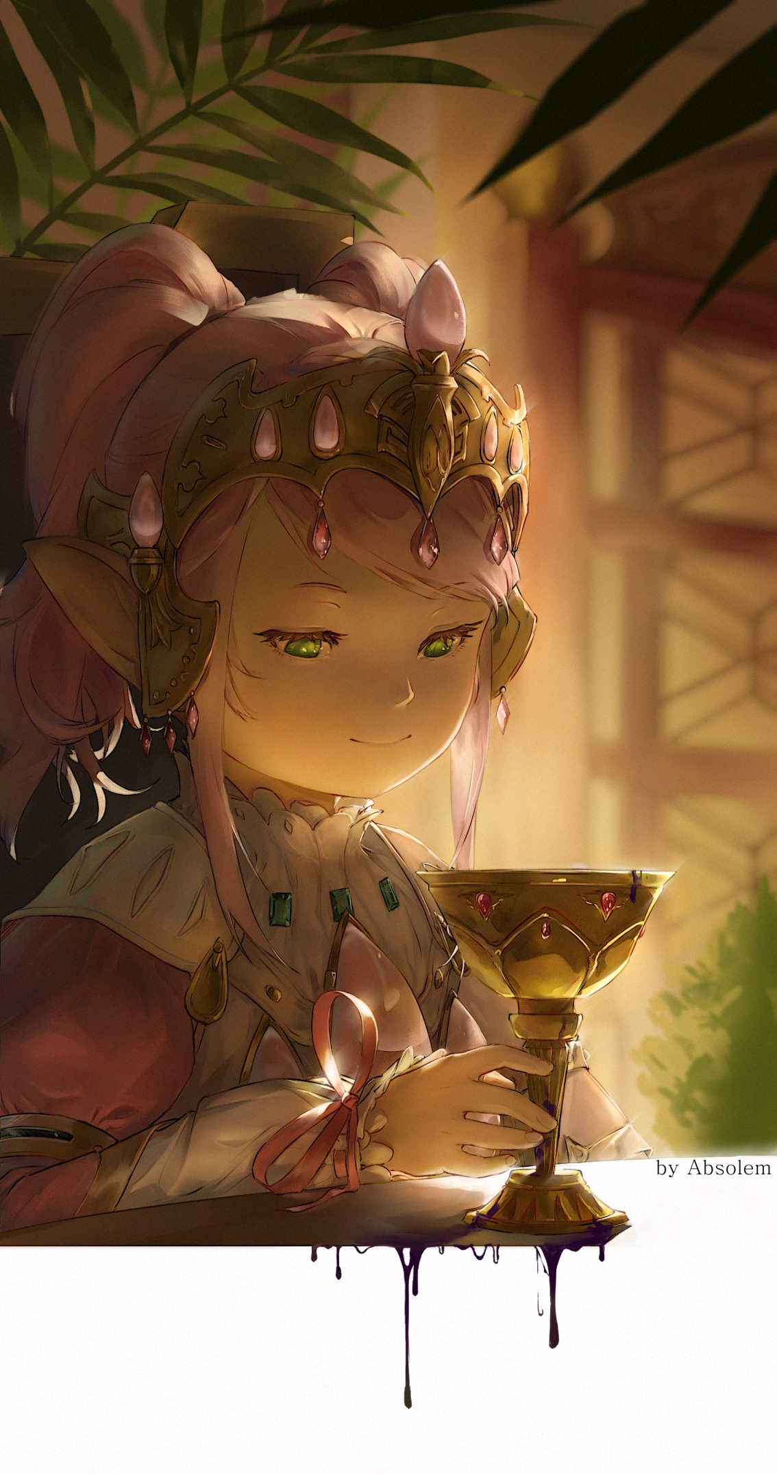 1girl, absolem0, artist_name, chalice, cup, dress, dripping, english_commentary