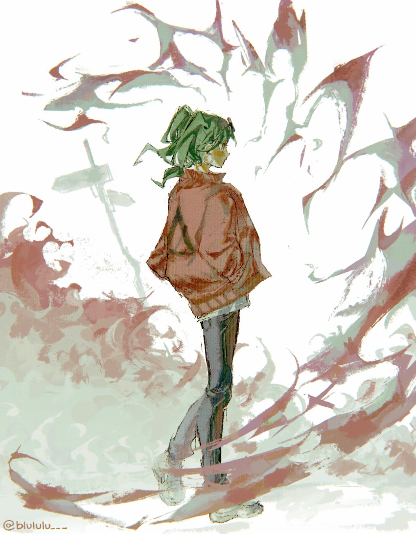1girl, arrow_(symbol), black-framed_eyewear, blush, chromatic_aberration, denim, earrings, eyewear_on_head, film_grain, from_behind, full_body, green_eyes, green_hair, grey_pants, hands_in_pockets, hatsune_miku, highres, hoop_earrings, jacket, jeans, jewelry, long_sleeves, lulu_(blululu), medium_hair, no_mouth, open_clothes, open_jacket, pants, profile, puffy_long_sleeves, puffy_sleeves, red_jacket, round_eyewear, shirt, shoes, sign, simple_background, sneakers, solo, standing, standing_on_one_leg, suna_no_wakusei_(vocaloid), twintails, twitter_username, vocaloid, walking, white_background, white_shirt, white_shoes