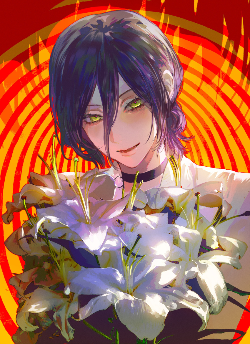 1girl, absurdres, black_choker, bouquet, carl_4, chainsaw_man, choker, flower