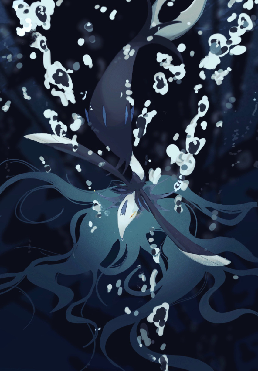 1girl, :d, alternate_form, blue_hair, bubble, colored_sclera, draw_pann33, fangs
