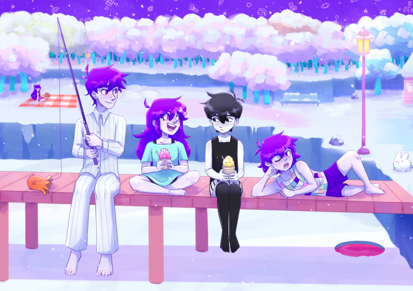 2girls, 3boys, antenna_hair, aubrey_(headspace)_(omori), aubrey_(omori), barefoot, bench, black_eyes, black_hair, black_tank_top, black_thighhighs, blue_shirt, bow, brother_and_sister, brothers, checkered_blanket, closed_mouth, collarbone, colored_skin, fishing_rod, hair_bow, hero_(headspace)_(omori), hero_(omori), highres, holding, holding_fishing_rod, ice_fishing, indian_style, kel_(headspace)_(omori), kel_(omori), lamppost, long_hair, long_sleeves, looking_at_another, mari_(headspace)_(omori), mari_(omori), mole, mole_under_mouth, multiple_boys, multiple_girls, omori, omori_(omori), one_eye_closed, open_mouth, outdoors, pajamas, pants, picnic_basket, picnic_blanket, pier, pink_bow, purple_hair, purple_shorts, purple_sky, shirt, short_hair, short_sleeves, shorts, siblings, sitting, sky, smile, snow_bunny_(omori), striped_clothes, striped_pajamas, striped_pants, striped_shorts, sweggyq, tank_top, teeth, thigh-highs, tongue, tree, upper_teeth_only, vertical-striped_clothes, vertical-striped_pajamas, vertical-striped_pants, vertical-striped_shorts, violet_eyes, white_shorts, white_skin