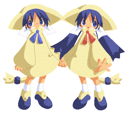 :d, amazake_(manuke_no_oukoku), anime_coloring, ankle_socks, bad_link, blue_eyes, blue_hair, blue_ribbon, blue_shoes, coat, collared_coat, commentary_request, hat, hat_with_ears, high_collar, holding_hands, legs_apart, long_hair, looking_to_the_side, lowres, nekoko_(ukagaka), open_hand, open_mouth, pocket, red_ribbon, ribbon, shoes, short_hair, shouta_(ukagaka), smile, socks, standing, tail, tail_ornament, transparent_background, twintails, ukagaka, white_ribbon, white_socks, yellow_coat, yellow_hat, yellow_sleeves, yellow_tail