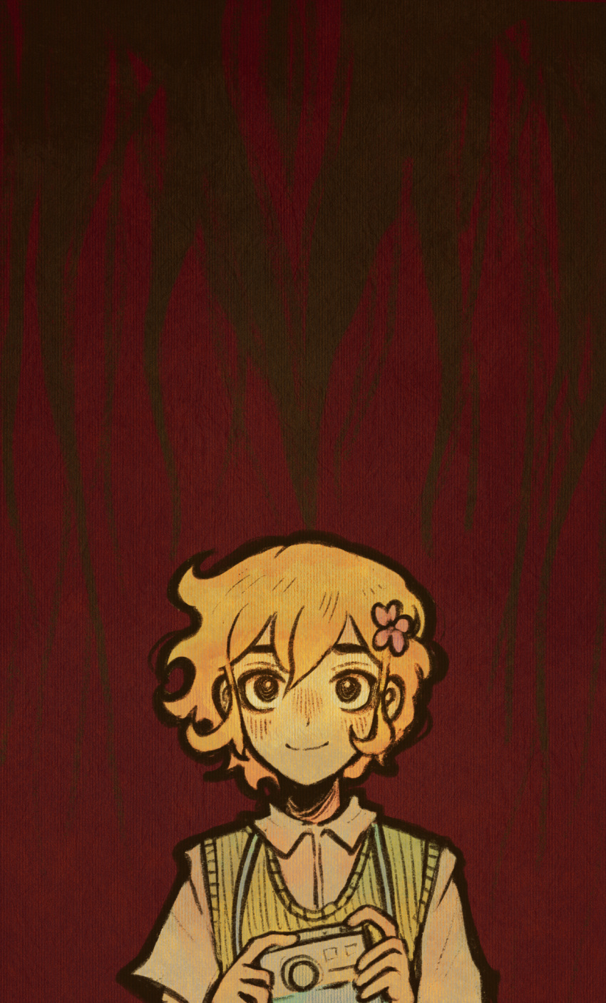 1boy, alternate_eye_color, basil_(faraway)_(omori), basil_(omori), black_eyes, blonde_hair, blush, camera, closed_mouth, collared_shirt, double-parted_bangs, flower, green_sweater_vest, hair_flower, hair_ornament, highres, holding, holding_camera, looking_at_viewer, male_focus, omori, ottie_pops, shirt, short_hair, short_sleeves, sidelocks, smile, solo, something_(omori), sweater_vest, upper_body, white_shirt