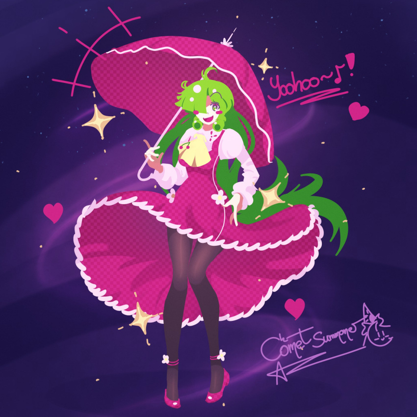 colorful_background, comet_summoner98, dress, green_hair, heart, high_heels, highres, holding, holding_umbrella, kazami_yuuka, motif, red_dress, smile, thigh-highs, touhou, umbrella
