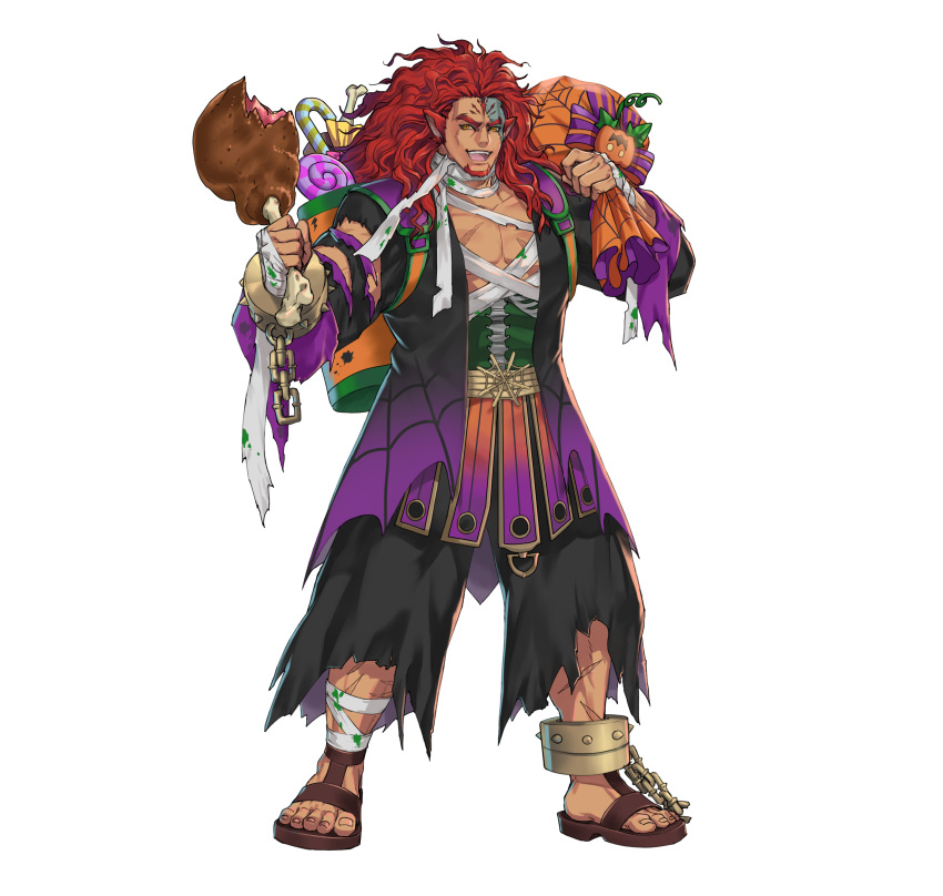 1boy, absurdres, animal_ears, boned_meat, candy, commentary, cosplay, cuffs, english_commentary, facial_hair, fire_emblem, fire_emblem:_radiant_dawn, fire_emblem_heroes, food, frankenstein's_monster, frankenstein's_monster_(cosplay), full_body, goatee, halloween_costume, highres, holding, holding_food, holding_sack, kuroba.k, lollipop, long_hair, male_focus, meat, muscular, muscular_male, official_art, pectoral_cleavage, pectorals, red_hair, sack, scar, second-party_source, shackles, simple_background, skrimir_(echoing_howl)_(fire_emblem), skrimir_(fire_emblem), solo, standing, swirl_lollipop, white_background