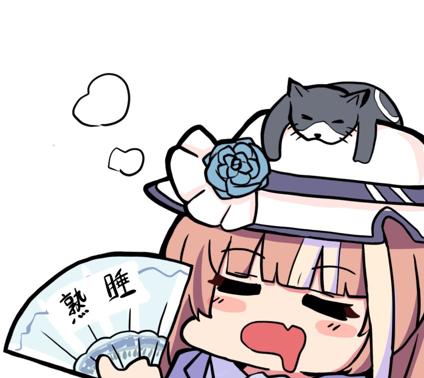 1girl, akikawa_yayoi's_cat, akikawa_yayoi_(umamusume), animal, animal_on_head, black_cat, blue_flower, blue_rose