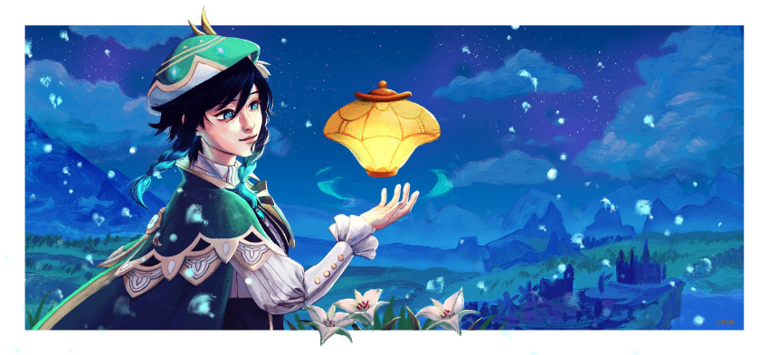 1boy, aqua_eyes, black_hair, blue_hair, border, braid, cape, closed_mouth, clouds, commentary, english_commentary, flower, genshin_impact, gradient_hair, green_cape, green_hat, hat, highres, lips, male_focus, multicolored_hair, night, nose, researts, short_hair_with_long_locks, sky, solo, twin_braids, upper_body, venti_(genshin_impact), white_border, white_flower