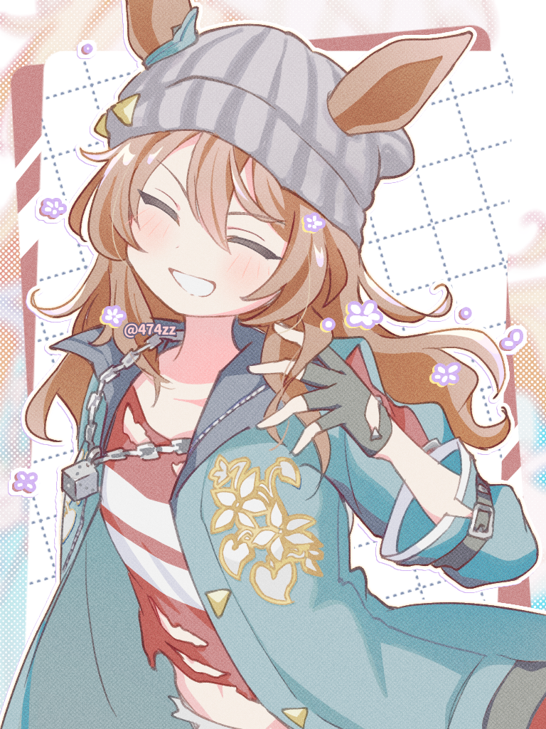 1girl, animal_ears, anzen_robo_(474zz), beanie, black_gloves, blue_jacket, blush, brown_hair