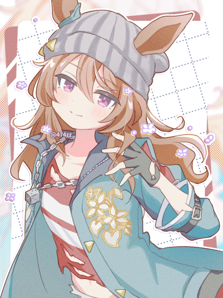 1girl, animal_ears, anzen_robo_(474zz), beanie, black_gloves, blue_jacket, blush, brown_hair