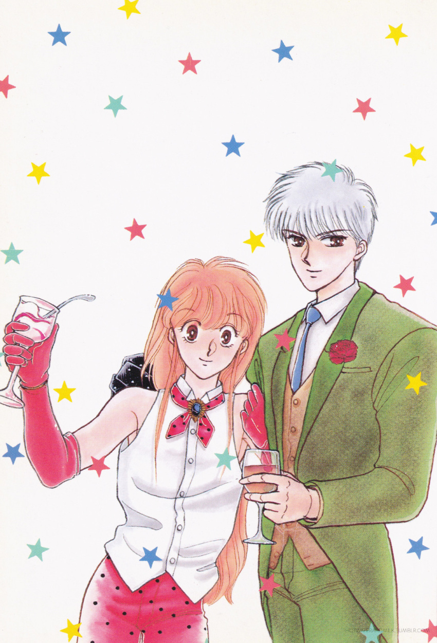 2boys, androgynous, blue_necktie, brown_vest, buttons, commentary, elbow_gloves, english_commentary, eyelashes, food, food_print, fruit_print, gloves, green_jacket, green_pants, grey_hair, highres, holding, holding_food, holding_ice_cream, ice_cream, ice_cream_spoon, jacket, kisaragi_shun, koko_wa_greenwood, locked_arms, long_hair, multiple_boys, nasu_yukie, necktie, pants, pink_gloves, pink_hair, pink_pants, scan, shirt, short_hair, sleeveless, sleeveless_shirt, smile, spoon, star_(symbol), tezuka_shinobu, third-party_edit, third-party_source, third-party_watermark, vest, watermelon_print, white_background, white_shirt