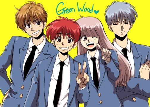 4boys, androgynous, black_necktie, blonde_hair, blue_jacket, closed_eyes, collared_shirt, crossed_arms