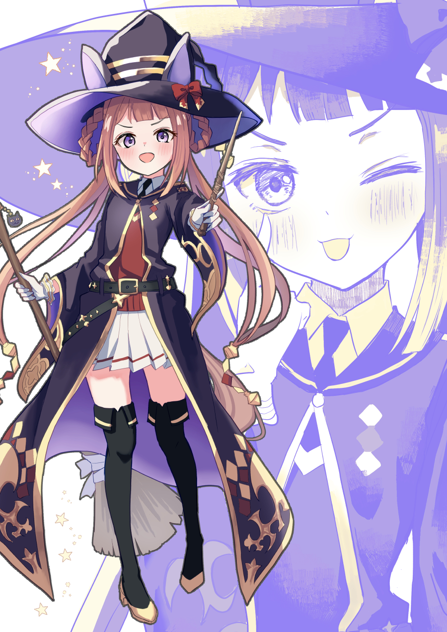 1girl, animal_ears, belt, black_cloak, black_robe, blush, braid, braided_hair_rings, broom, brown_hair, cloak, ear_covers, gloves, hair_rings, hat, hat_with_ears, highres, holding, holding_broom, holding_wand, horse_ears, horse_girl, horse_tail, long_hair, looking_at_viewer, one_eye_closed, open_mouth, red_shirt, robe, shiroiro_en, shirt, skirt, smile, sweep_tosho_(platanus_witch)_(umamusume), sweep_tosho_(umamusume), tail, twintails, umamusume, violet_eyes, wand, white_gloves, white_skirt, witch, witch_hat, zoom_layer
