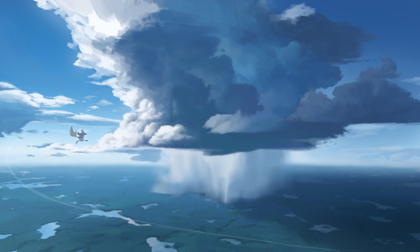 1girl, blue_sky, broom, broom_riding, cloud_focus, clouds, cloudy_sky, commentary, day, flying, highres, hua_hu, lake, original, outdoors, photorealistic, rain, realistic, scenery, sky, solo, symbol-only_commentary, wide_shot
