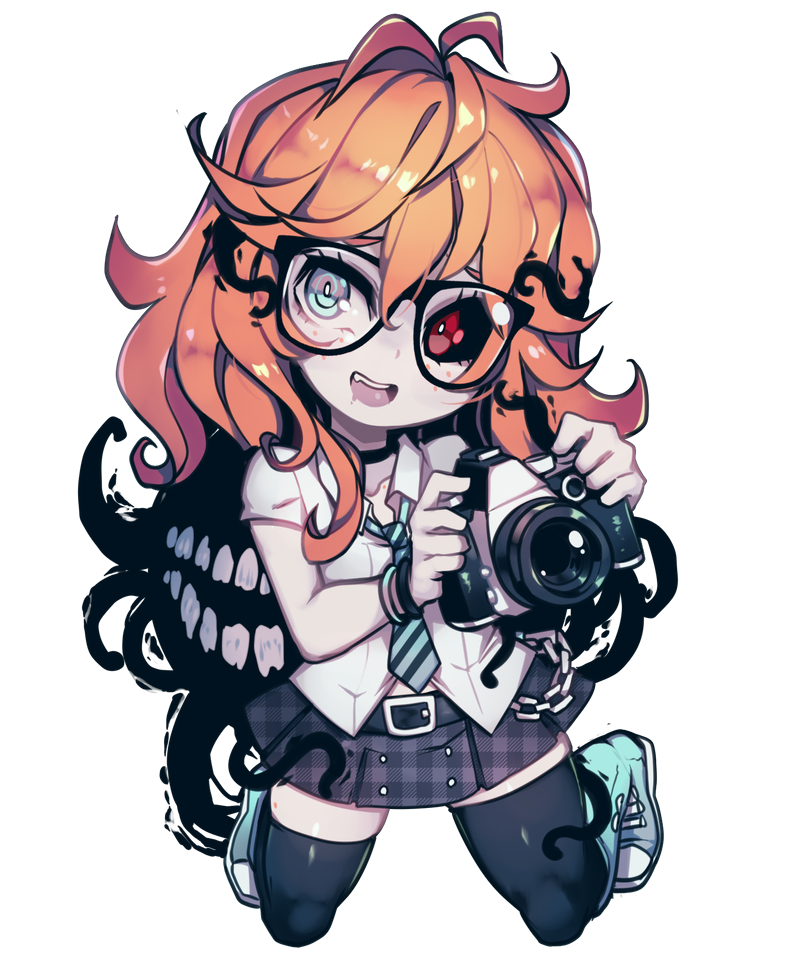 1girl, belt, black-framed_eyewear, black_belt, black_sclera, black_thighhighs, boots, camera