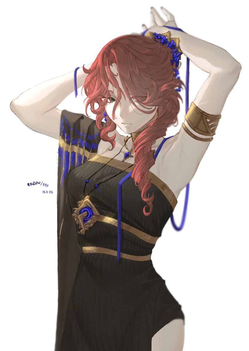 1girl, 3:, armlet, armpits, arms_up, artist_name, bare_shoulders, black_dress