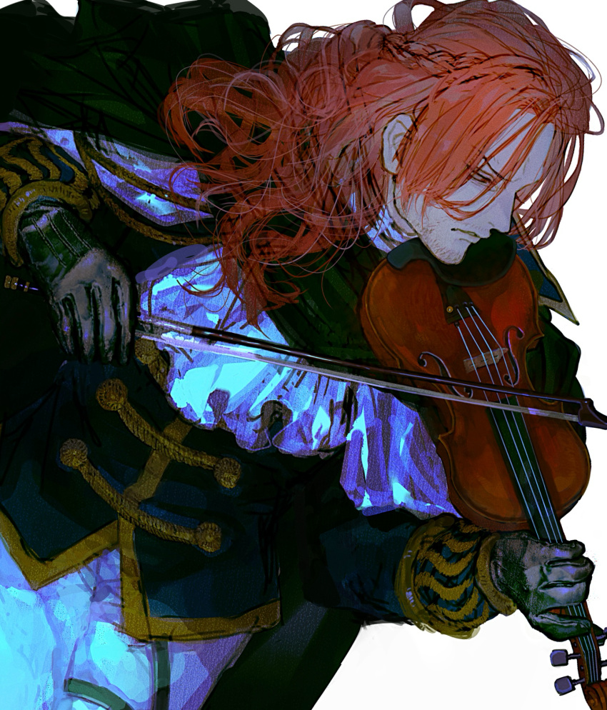1boy, ascot, black_gloves, bow_(music), braid, closed_mouth, commentary_request, figarland_shamrock