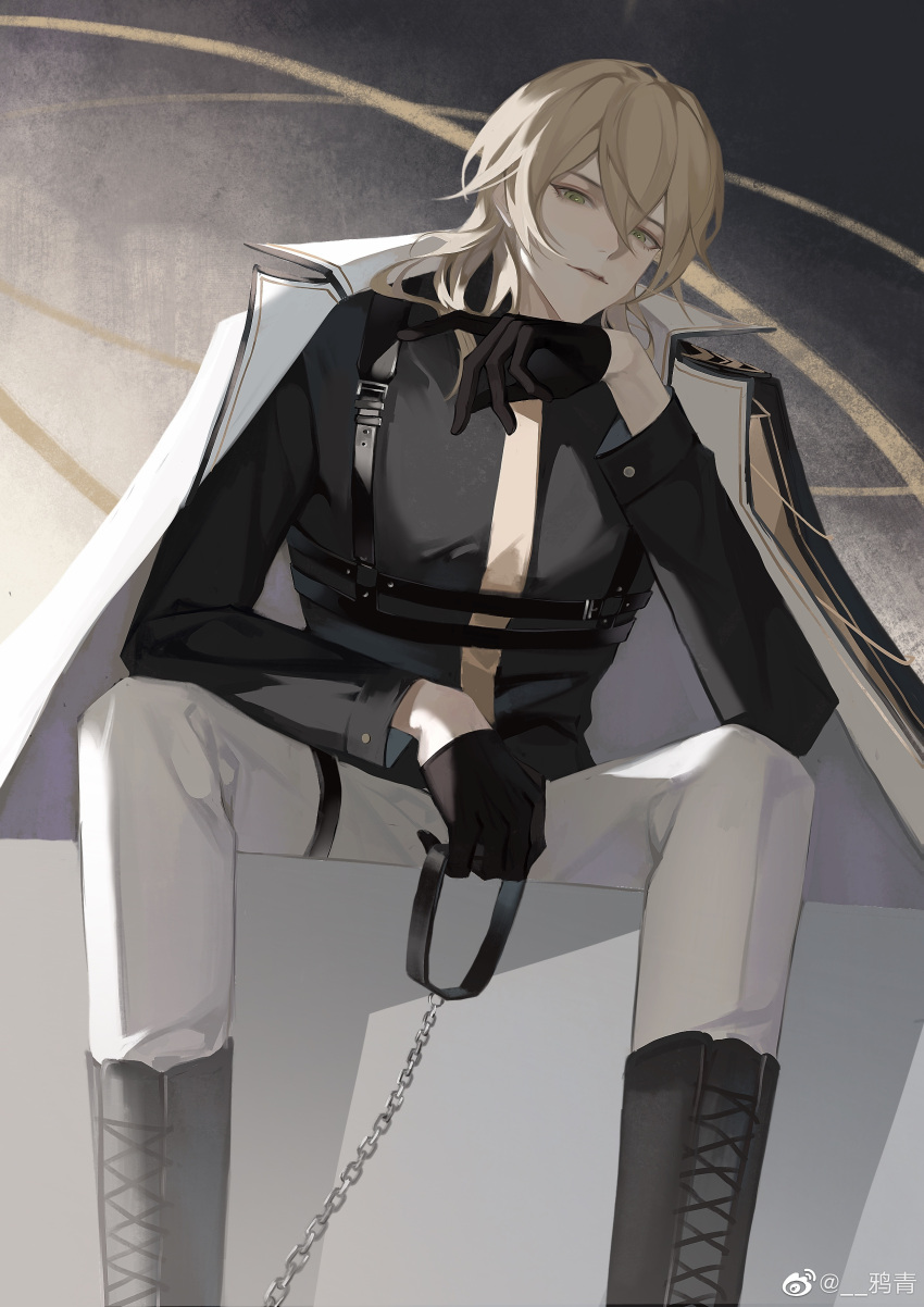 1boy, absurdres, aiguillette, alkaid_mcgrath, alkaid_mcgrath_(infinite_empire), black_background, black_boots, black_gloves, blonde_hair, boots, chain, chain_leash, chest_harness, chinese_commentary, coat, coat_on_shoulders, collared_shirt, elbow_on_knee, elbow_on_thigh, feet_out_of_frame, from_below, gloves, gradient_background, green_eyes, hair_between_eyes, half_gloves, hand_up, harness, highres, holding, holding_leash, lace-up_boots, leash, long_sleeves, looking_at_viewer, looking_down, lovebrush_chronicles, male_focus, medium_hair, military_uniform, necktie, pants, parted_lips, shirt, shirt_tucked_in, sitting, smile, solo, spread_legs, thigh_strap, watermark, weibo_watermark, white_background, white_coat, white_pants, yaqing, yellow_necktie
