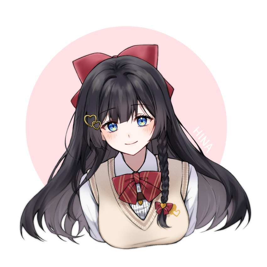 1girl, black_hair, blue_eyes, blush, bow, bowtie, braid, braided_sidelock