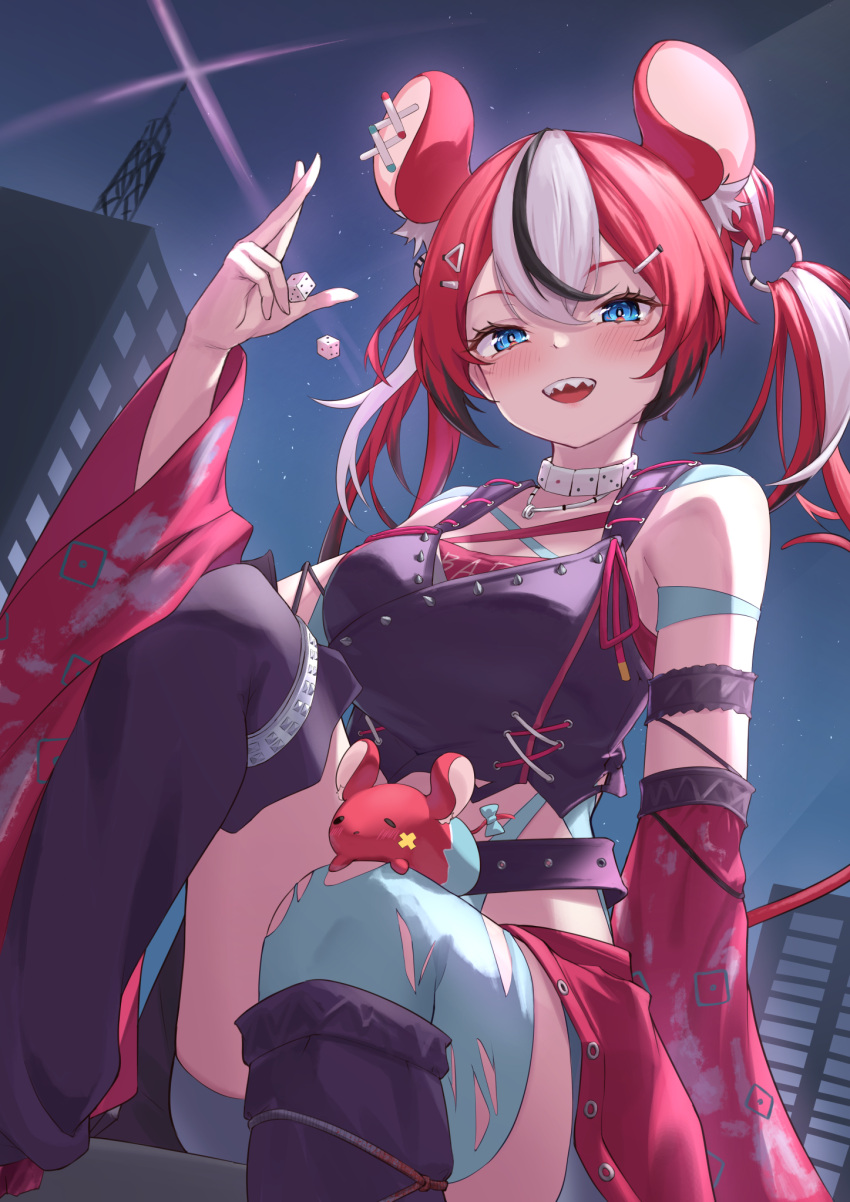 1girl, :d, animal_ears, asymmetrical_legwear, black_hair, black_leg_warmers, black_shirt, blue_eyes