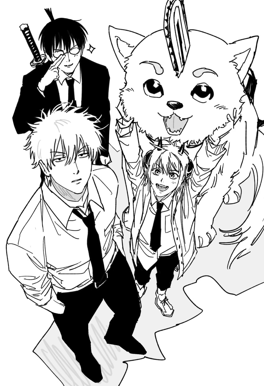1girl, 2boys, black_pants, chainsaw, chainsaw_man, cosplay, demon_horns, denji_(chainsaw_man)