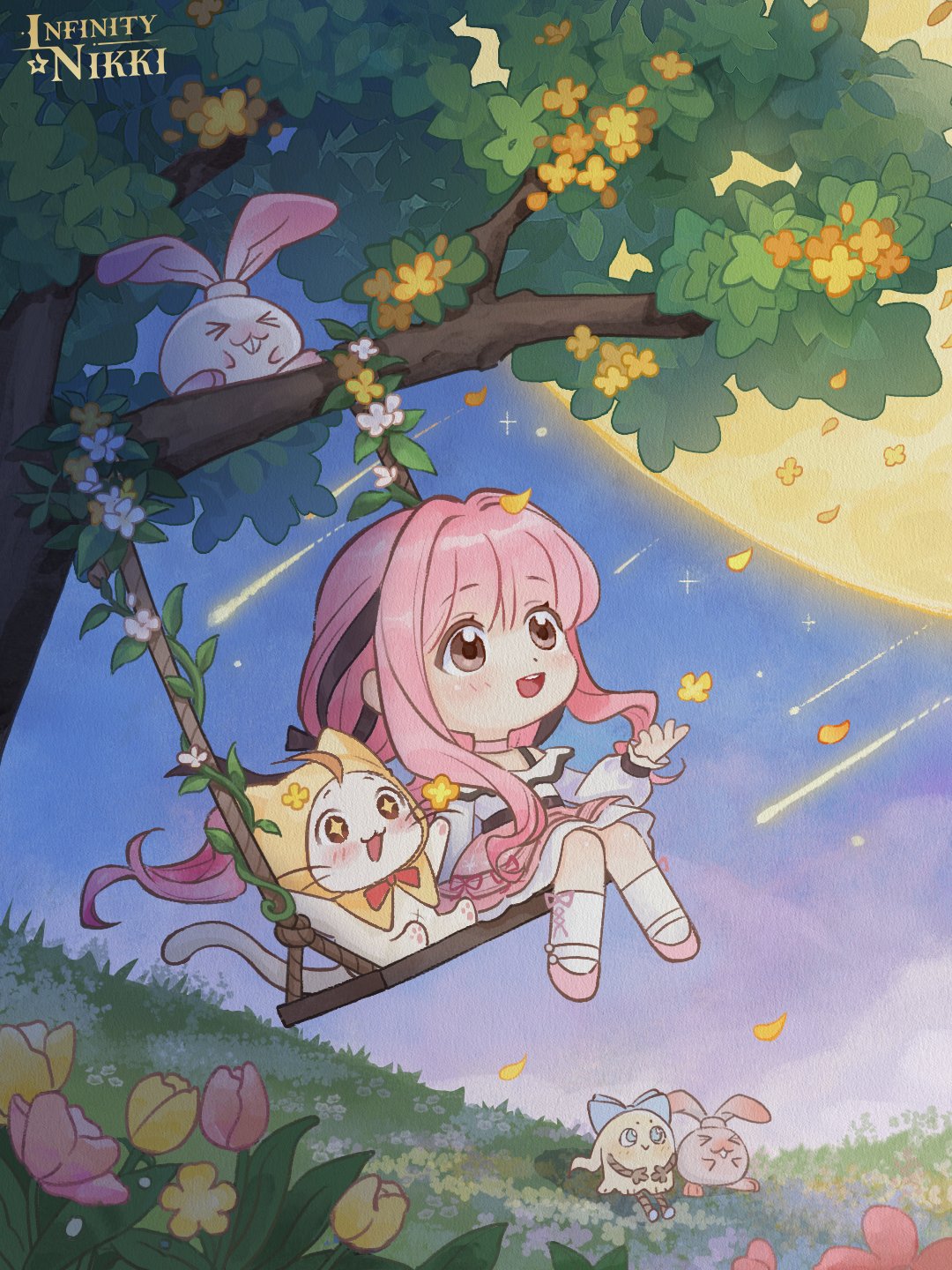 +_+, 1girl, animal, artist_request, bare_shoulders, belt, black_belt, black_bow, black_ribbon, blue_sky, blunt_bangs, blushbunny_(infinity_nikki), bow, bowtie, bra_strap, brown_eyes, cat, chibi, choker, cloak, clothed_animal, clouds, cross-laced_clothes, cross-laced_legwear, dot_nose, ear_covers, eyelashes, falling_petals, field, floating_hair, flower, flower_field, frilled_shirt, frilled_skirt, frilled_sleeves, frills, full_moon, hair_bow, hair_ribbon, happy, highres, hood, hood_up, hooded_cloak, infinity_nikki, kneehighs, light_blush, long_hair, long_sidelocks, long_sleeves, low_twintails, mary_janes, medium_skirt, meteor_shower, momo_(nikki), moon, navel, nikki_(nikki), nikki_(series), off-shoulder_shirt, off_shoulder, official_art, on_swing, open_mouth, outdoors, outstretched_hand, pawpads, perfect_start_(infinity_nikki), petals, piecey, pink_choker, pink_flower, pink_hair, pink_ribbon, pink_shoes, pink_skirt, print_sleeves, puffy_long_sleeves, puffy_sleeves, rabbit, red_bow, red_bowtie, ribbon, ribbon_legwear, second-party_source, shirt, shoes, sidelocks, sitting, skirt, sky, sleeves_past_wrists, smile, snowflake_print, socks, sparkling_eyes, swing, swinging_on_swing, tareme, teeth, traditional_bowtie, tree, tress_ribbon, tulip, twilight, twintails, upper_teeth_only, very_long_hair, wavy_hair, white_cat, white_shirt, white_socks, yellow_cloak, yellow_flower