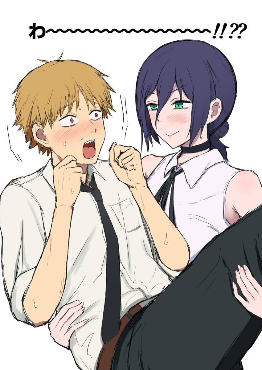 1boy, 1girl, absurdres, assertive_female, black_choker, black_ribbon, carrying, chainsaw_man