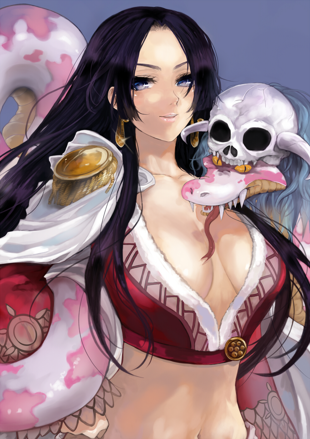 blue_eyes, boa_hancock, breasts, bust, cleavage, earrings, face, highres