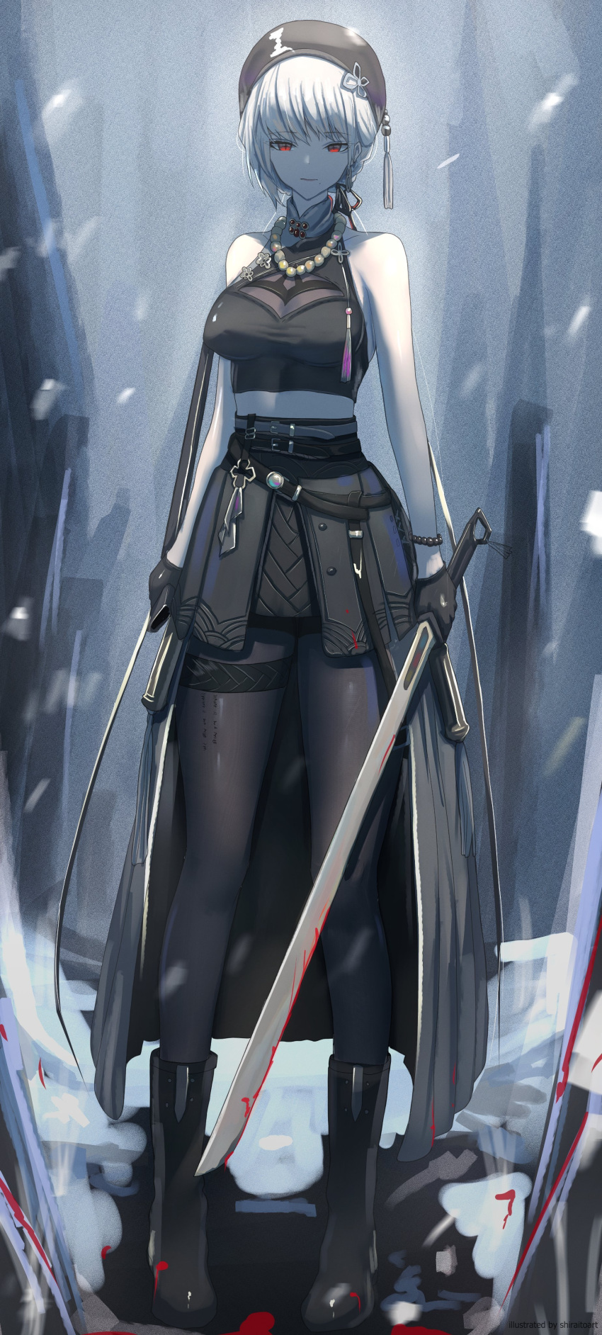 1girl, absurdres, bare_shoulders, beret, black_gloves, black_hat, breasts, closed_mouth