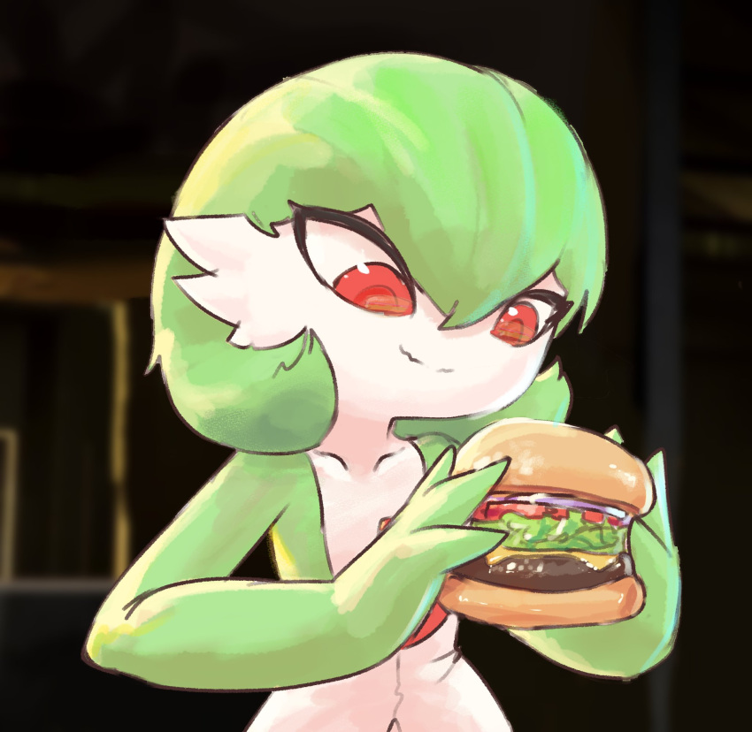 bob_cut, burger, colored_skin, food, gardevoir, green_hair, green_skin, highres, holding, holding_burger, holding_food, lickagoat, multicolored_skin, pink_eyes, pokemon, pokemon_(creature), pokemon_legends:_z-a, smile, two-tone_skin, white_skin